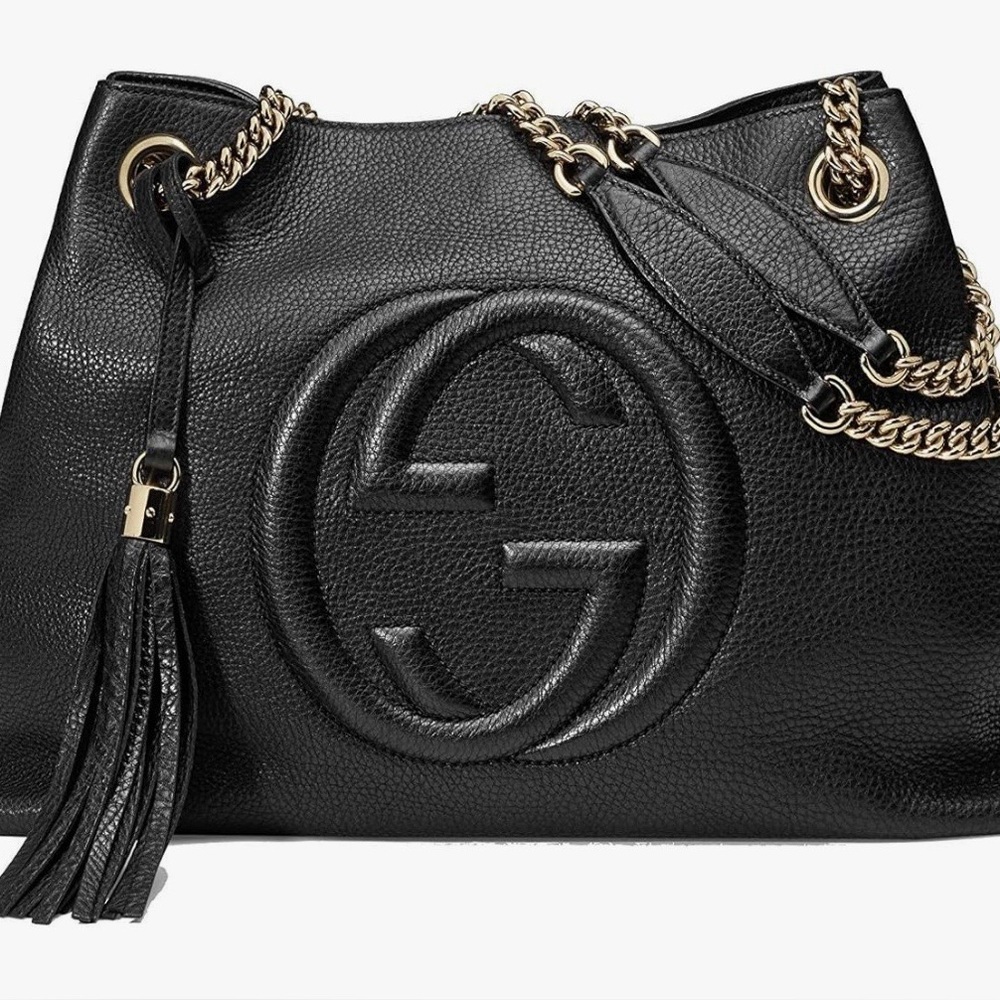 Gucci Black Leather Shoulder Bag with Gold Chain